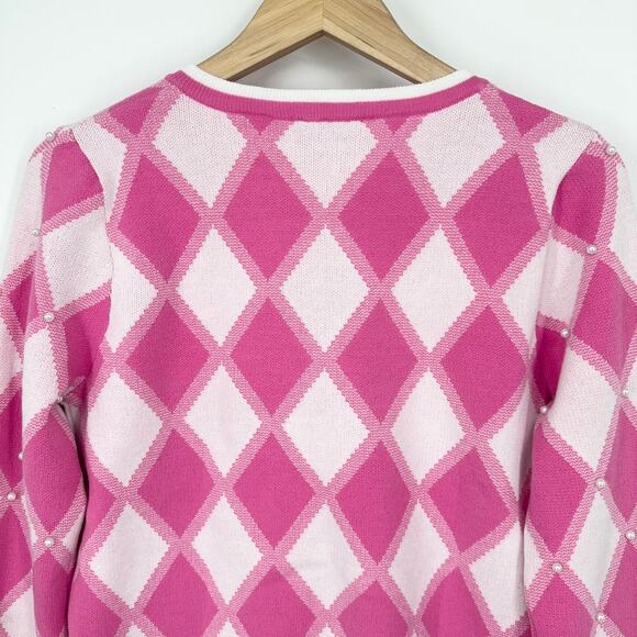 Nanette Lepore Argyle Cardigan Pearl Crew Neck Plaid Barbie Sweater, Pink - Picture 9 of 12